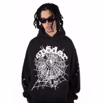Sp5der-OG-Web-Hoodie-Black Front View wear a long hair boy